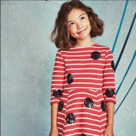 Mini Boden Inspired by Ronald Dahl Sequin Polka Dots Stripe Dress Girl 3 to 4